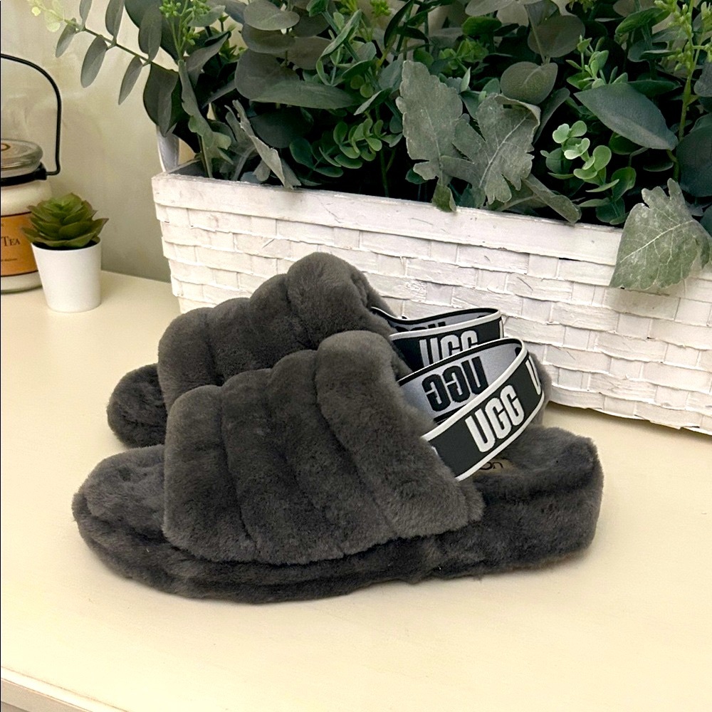 UGG Charcoal Fluffy Slide Sandals
